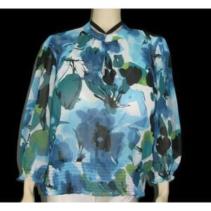 A.N.A. WOMEN'S 3/4 WATERCOLOR PRINT SPLIT KEY PEASANT SMOCKED BLOUSE SIZE XL-EUC